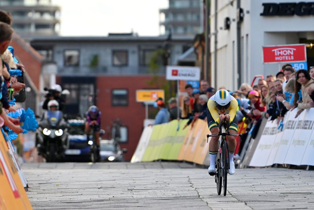 HERNING DENMARK AUGUST 26 Grace Brown of Australia and Team FDJSuez sprints during the 9th Tour of Scandinavia 2023 Battle Of The North Stage 4 a 165km individual time trial stage from Herning to Herning UCIWWT on August 26 2023 in Herning Denmark Photo by Luc ClaessenGetty Images