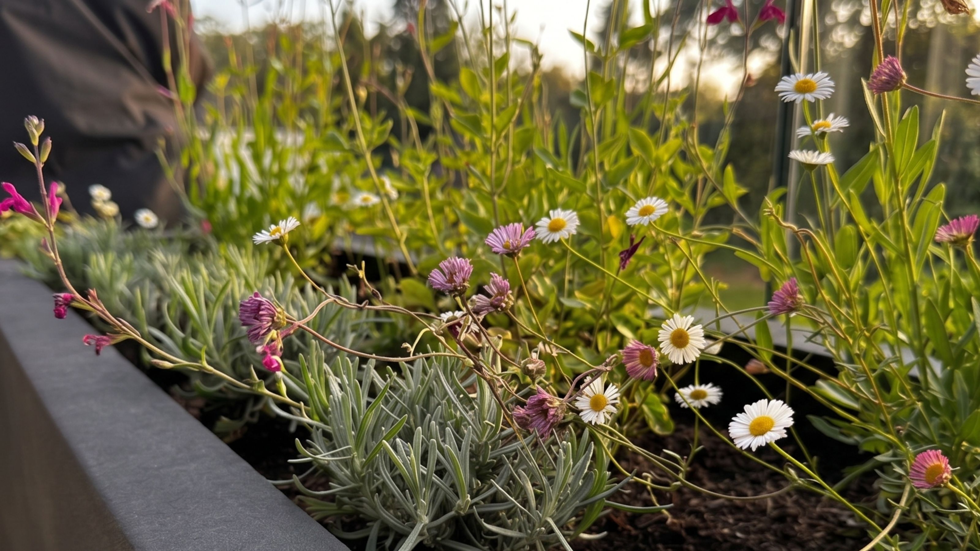 Container filled with Mexican fleabane on a sunset balcony