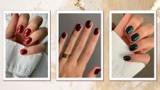Three christmas gel nail looks (in chrome red, burgundy and green) by nail artists @gel.bymegan and Mateja Novakovic/@matejanova in a gold and cream template