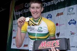 2011 Mars Australian Mens Under 23 Time Trial Champion Luke Durbridge from Western Australia with his spoils on the podium in Learmonth.