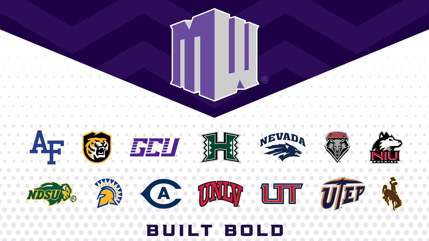 Logos of the schools in the Mountain West Conference.