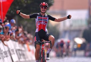 MADDALONI ITALY SEPTEMBER 17 Arrival Lotte Kopecky of Belgium and Team Lotto Soudal Ladies Celebration during the 31st Giro dItalia Internazionale Femminile 2020 Stage 7 a 1125km stage from Nola to Maddaloni GiroRosaIccrea GiroRosa on September 17 2020 in Maddaloni Italy Photo by Luc ClaessenGetty Images