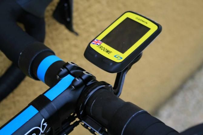 A yellow faceplate (Tour champ), a Union flag (Froome&rsquo;s British) and a wee stages logo on the Garmin