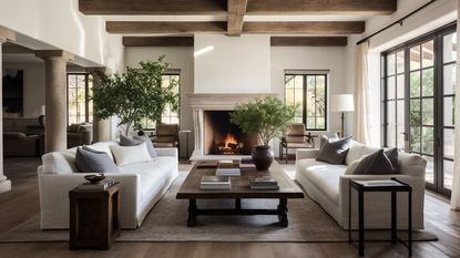 A modern rustic living room with white couches, a fireplace, and wooden beams on the ceiling. The living room has an open plan layout, with side tables, cushions and a rug. There are large windows facing the backyard.