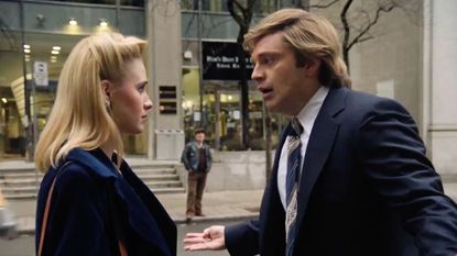 A still from biopic &quot;The Apprentice&quot;, with actress Maria Bakalova playing Ivana Trump on the left and actor Sebastian Stan playing Donald Trump on the right, standing on a New York street