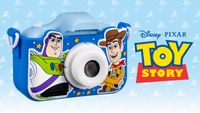 Toy Story Kids Camera against a Pixar-esque sky cloud background, with the Toy Story logo
