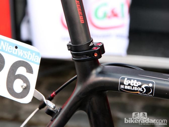 Lotto-Belisol team mechanics use additional clamps on the seatposts as a bit of extra insurance against slippage at Scheldeprijs. Note how they also made good use of the vestigial rear brake housing stop