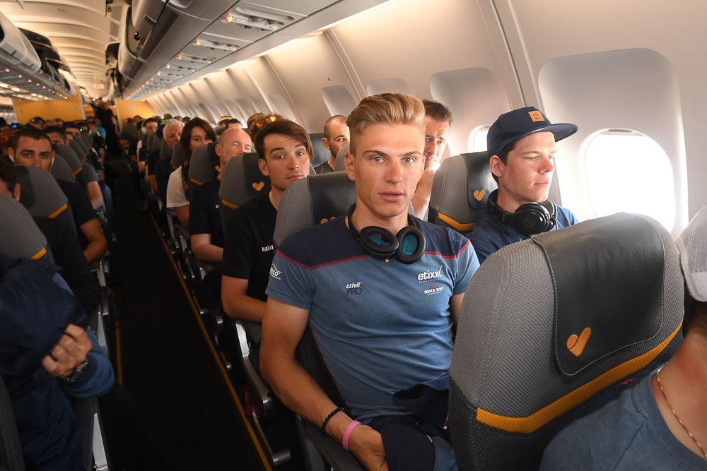 Marcel Kittel and Bob Jungels get ready to fly to Italy.
