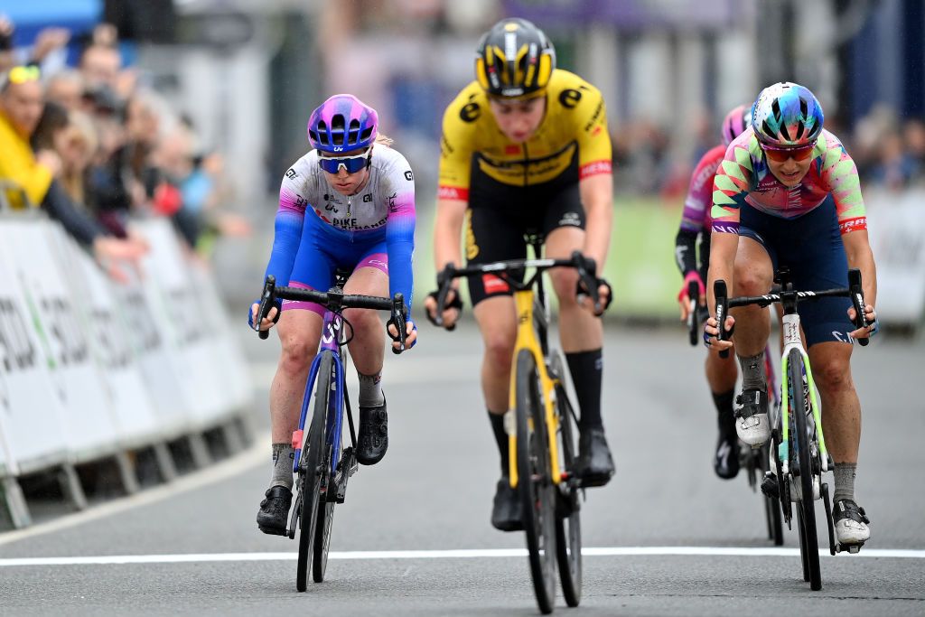WELSHPOOL WALES JUNE 09 LR Alexandra Manly of Australia and Team BikeExchange Jayco and Elise Chabbey of Switzerland and Team CanyonSram Racing cross the finishing line during the 8th The Womens Tour 2022 Stage 4 a 1447km from Wrexham to Welshpool WomensTour UCIWWT on June 09 2022 in Welshpool Wales Photo by Justin SetterfieldGetty Images