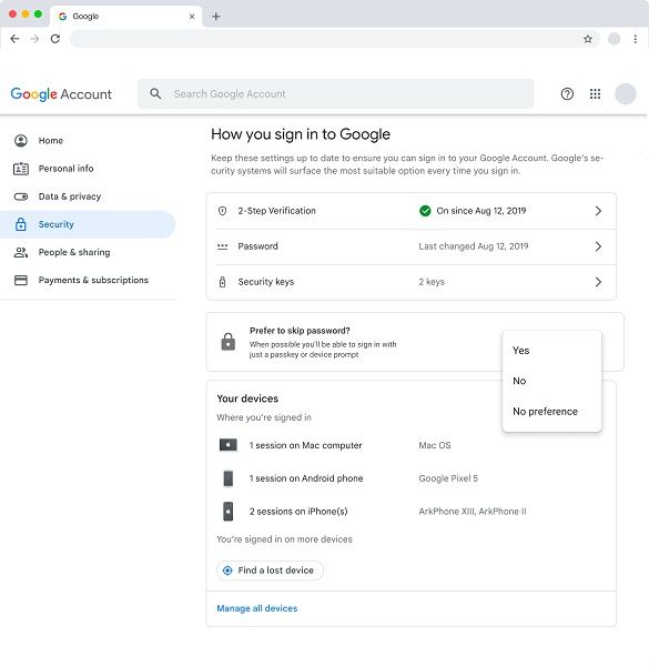 Google's passkey support, when enabled, from a user's perspective.