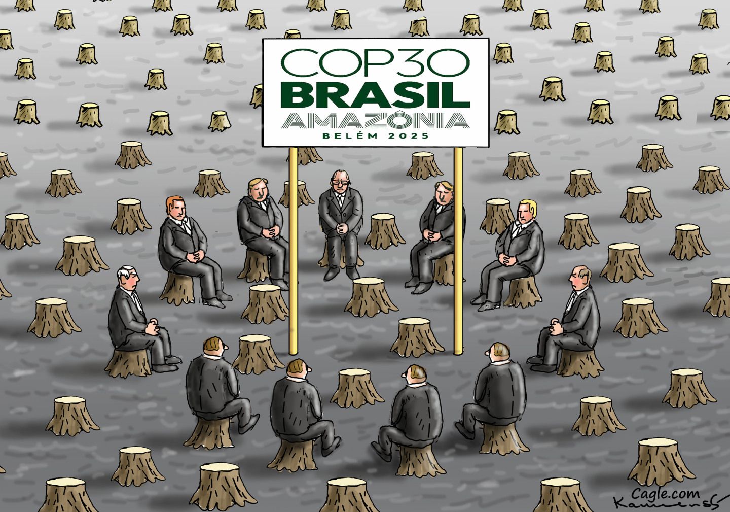 
                                This cartoon is set outside during a meeting at the Cop30 United Nations Climate Conference in Brazil, which is written on a large sign.  The meeting location is in a former forest, where all the trees have been cut down and the participants in the meeting glumly sit on stumps.
                            