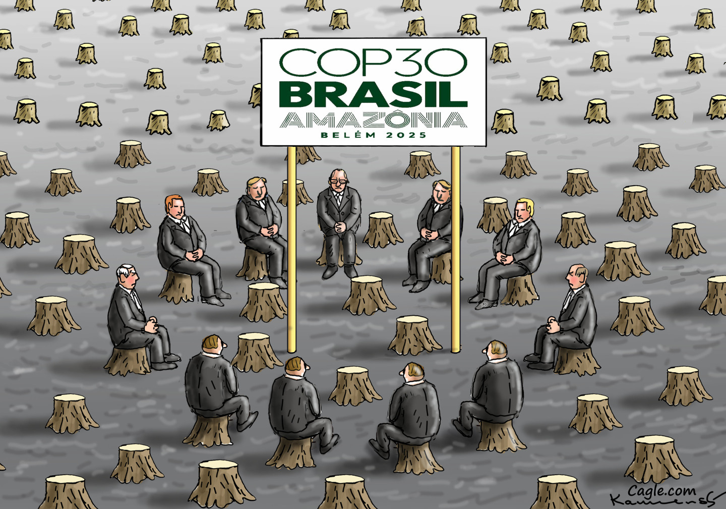 This cartoon is set outside during a meeting at the Cop30 United Nations Climate Conference in Brazil, which is written on a large sign. The meeting location is in a former forest, where all the trees have been cut down and the participants in the meeting glumly sit on stumps.