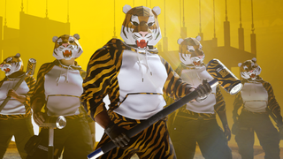 Promotional art for the finals, showing five heavy characters dressed in tiger costumes wielding energy drink-headed hammers.