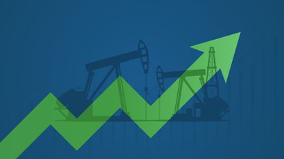 Oil pumps and up green arrows on blue background