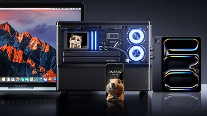 Edifier New Cyber speaker with Apple products on a desk