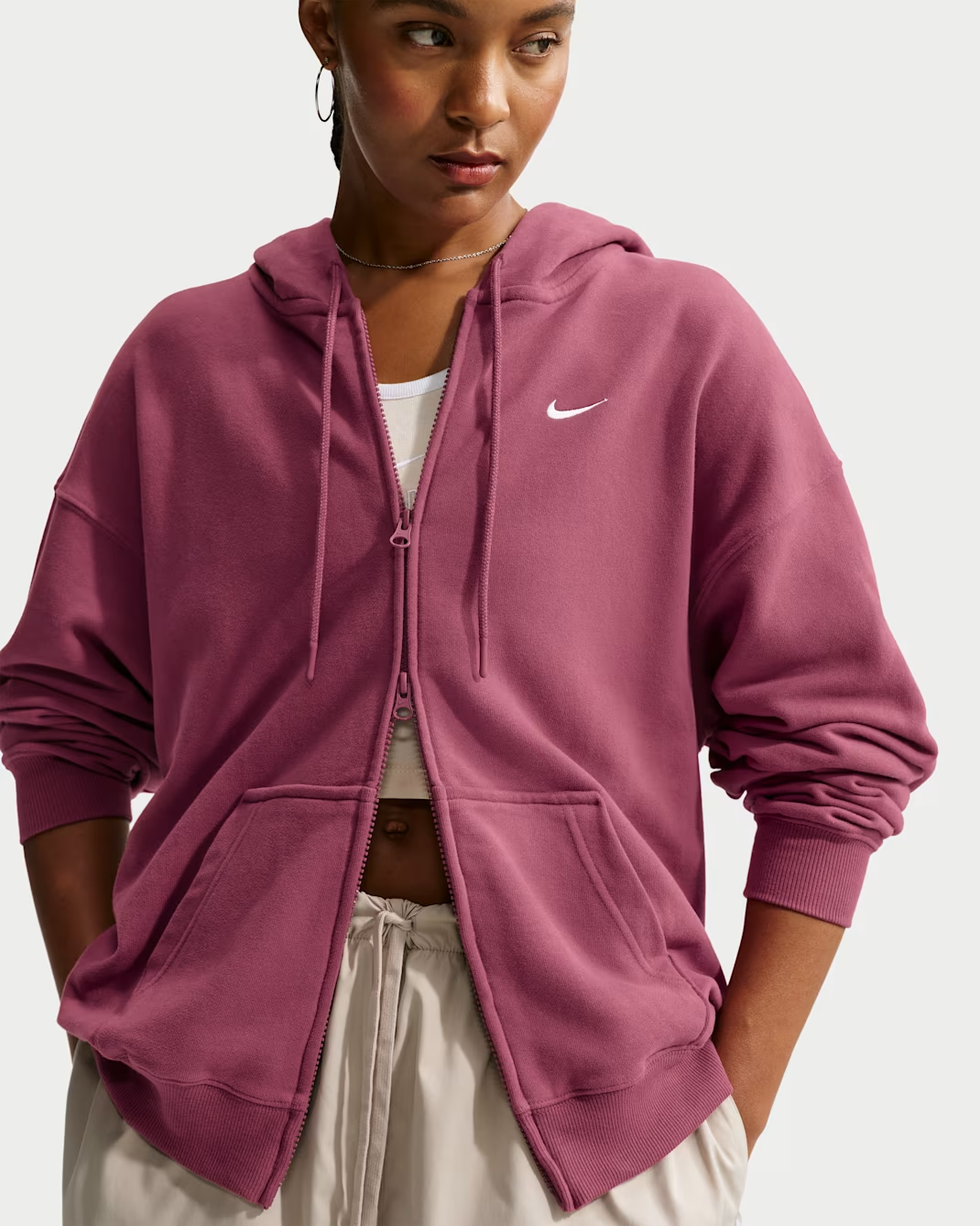 Nike Studio Fleece Lightweight &amp;quot;french Terry&amp;quot; Women's Oversized Full-Zip Hoodie - Pink Smoke/sail - Size Xs