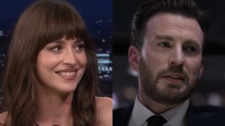 From left to right: Dakota Johnson smiling on the Tonight Show and Chris Evans looking concentrated in Ghosted.