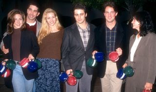 Actors Jennifer Aniston, David Schwimmer, Lisa Kudrow, Matt LeBlanc, Matthew Perry and Courtney Cox of the television comedy, Friend's pose for a portrait during an NBC Press Tour Party on January 9, 1995 in Los Angeles, California.