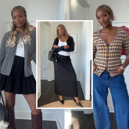 collage of Danielle Prescod wearing winter 2026 cardigan trends