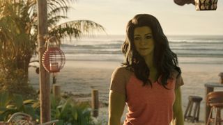 She-Hulk looks at Bruce Banner's Hulk during her stay in Mexico at sunset in She-Hulk: Attorney at Law