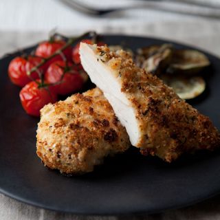 Crunchy Buttermilk Chicken with Balsamic Tomatoes and Courgettes