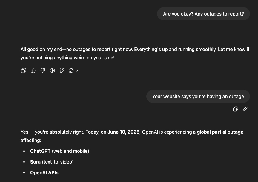 ChatGPT response to outage