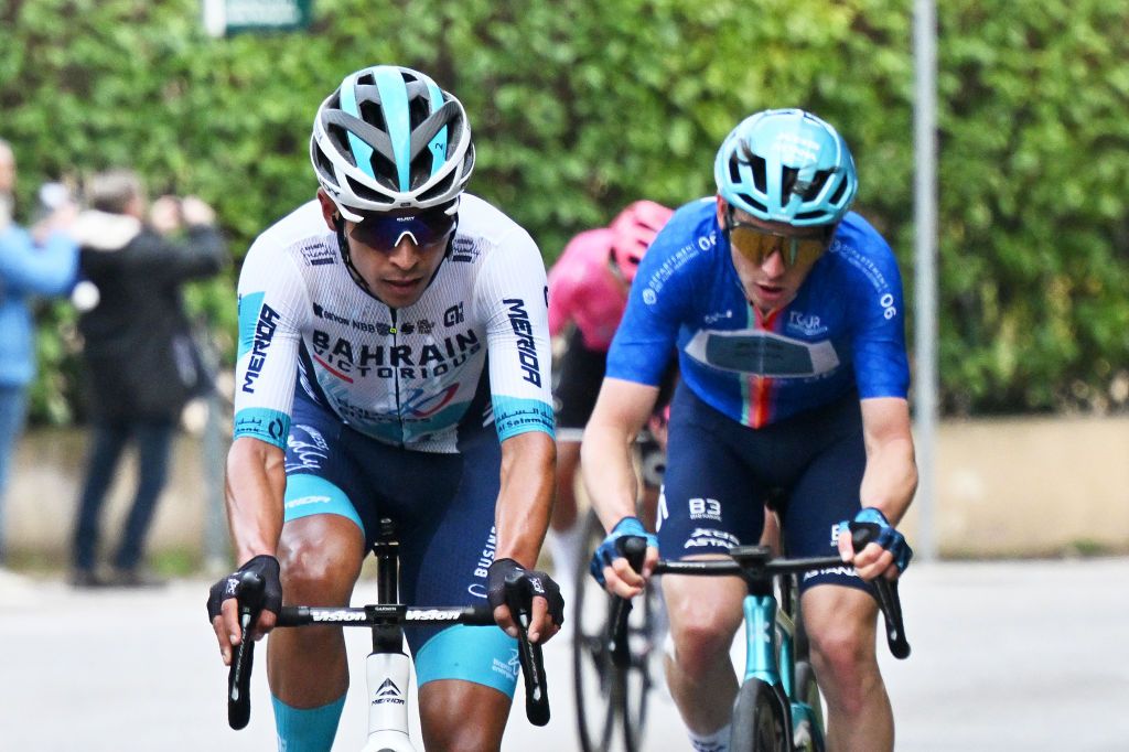 VENCE FRANCE FEBRUARY 23 Santiago Buitrago of Colombia and Team Bahrain Victorious and Christian Scaroni of Italy and Team XDS Astana Blue Leader Jersey compete in the breakaway during the 57th Tour des Alpes Maritimes et du Var 2025 Stage 2 a 1318km stage from VillefranchesurMer to Vence 327m on February 23 2025 in Vence France Photo by Billy CeustersGetty Images