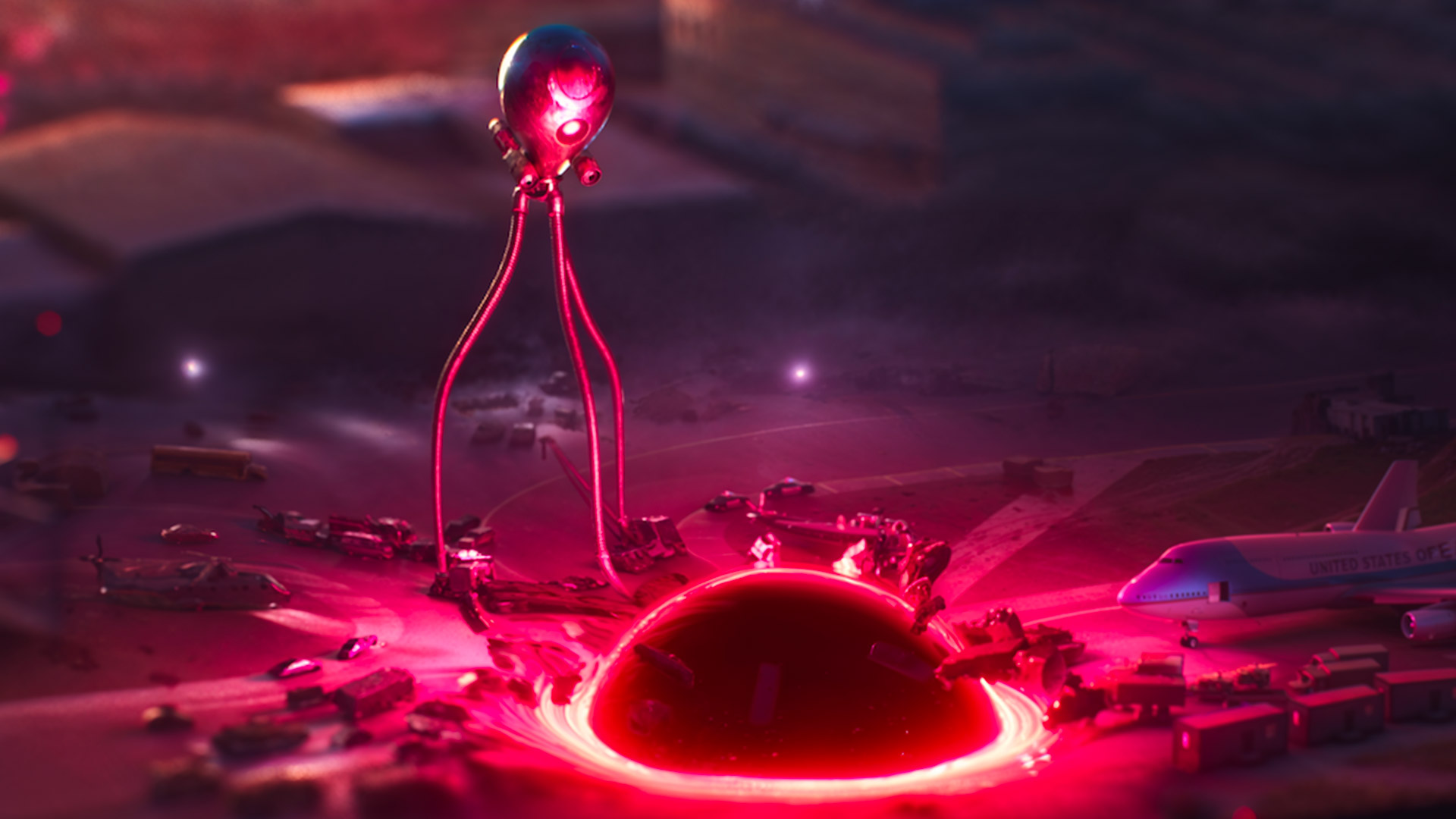 A robotic alien firing a laser at a mini airport model