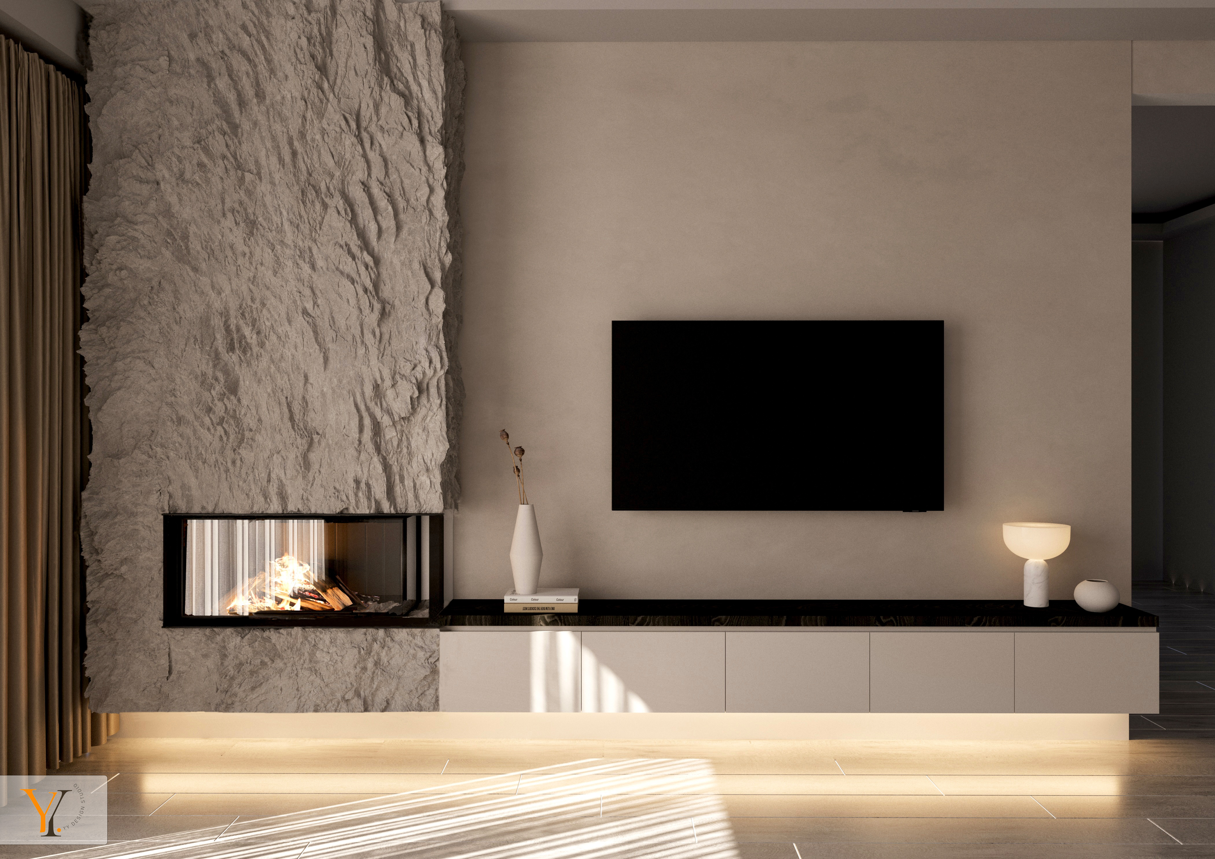 A living room with a grey, rough walls, with a fireplace installed on the side, and a tv in the centre