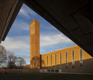 hero from the ground of Columbus First Christian Church Tower by Saarinen