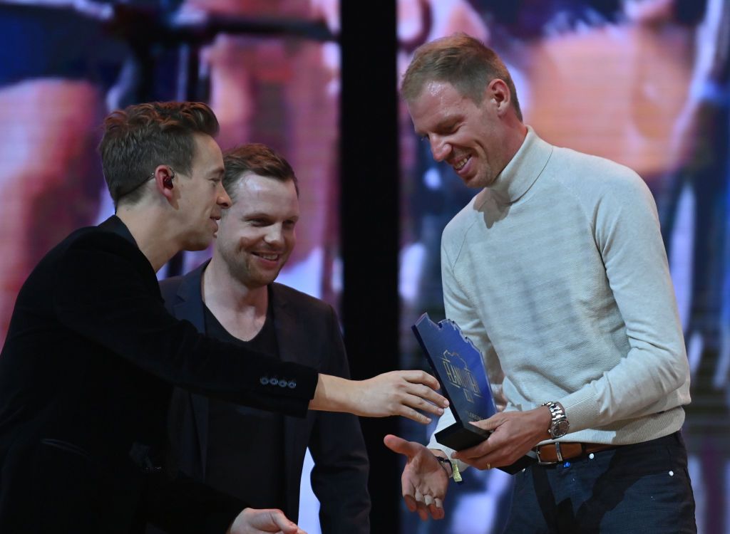 Jonas Van Geel Jelle Cleymans and Tim Declercq winner of the Ploegmaat van het jaar award pictured during the Flandrien award ceremony for the best Belgian cyclist of the 2021 cycling season organized by newspaper Het Nieuwsblad in Puurs on Tuesday 26 October 2021BELGA PHOTO DAVID STOCKMAN Photo by DAVID STOCKMANBELGA MAGAFP via Getty Images
