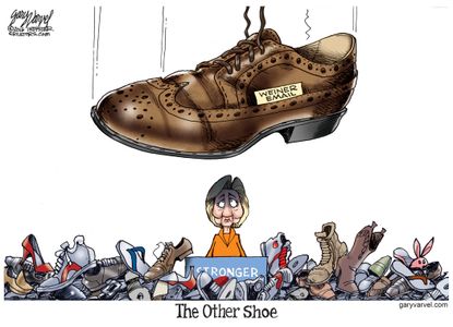 Political cartoon U.S. 2016 election Hillary Clinton emails Anthony Weiner shoes