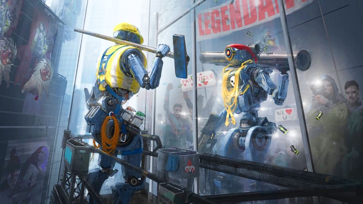 Apex Legends&#039; Pathfinder looks at their reflection in the side of a building