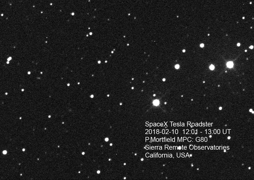 On Feb. 10, astrophotographer Paul Mortfield of Thornhill, Ontario, used his remotely operated 16-inch (406 millimeters) telescope to capture this sequence of images showing the Tesla Roadster's motion (left to right, above center) across the sky over the course of 1 hour.