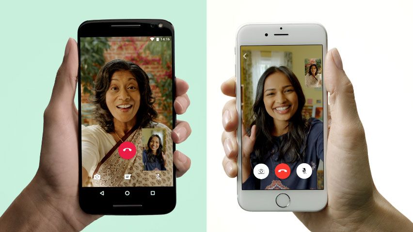 Two phones side-by-side displaying a WhatsApp video call.