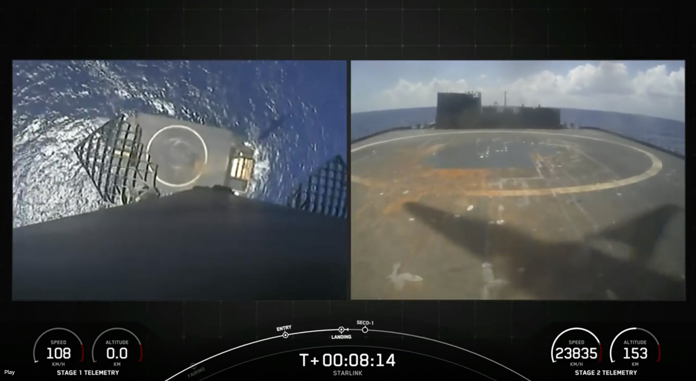 view from a rocket as it comes in for a landing on a ship at sea