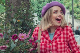 Imogen from heartstopper wearing pink tweed and a beret