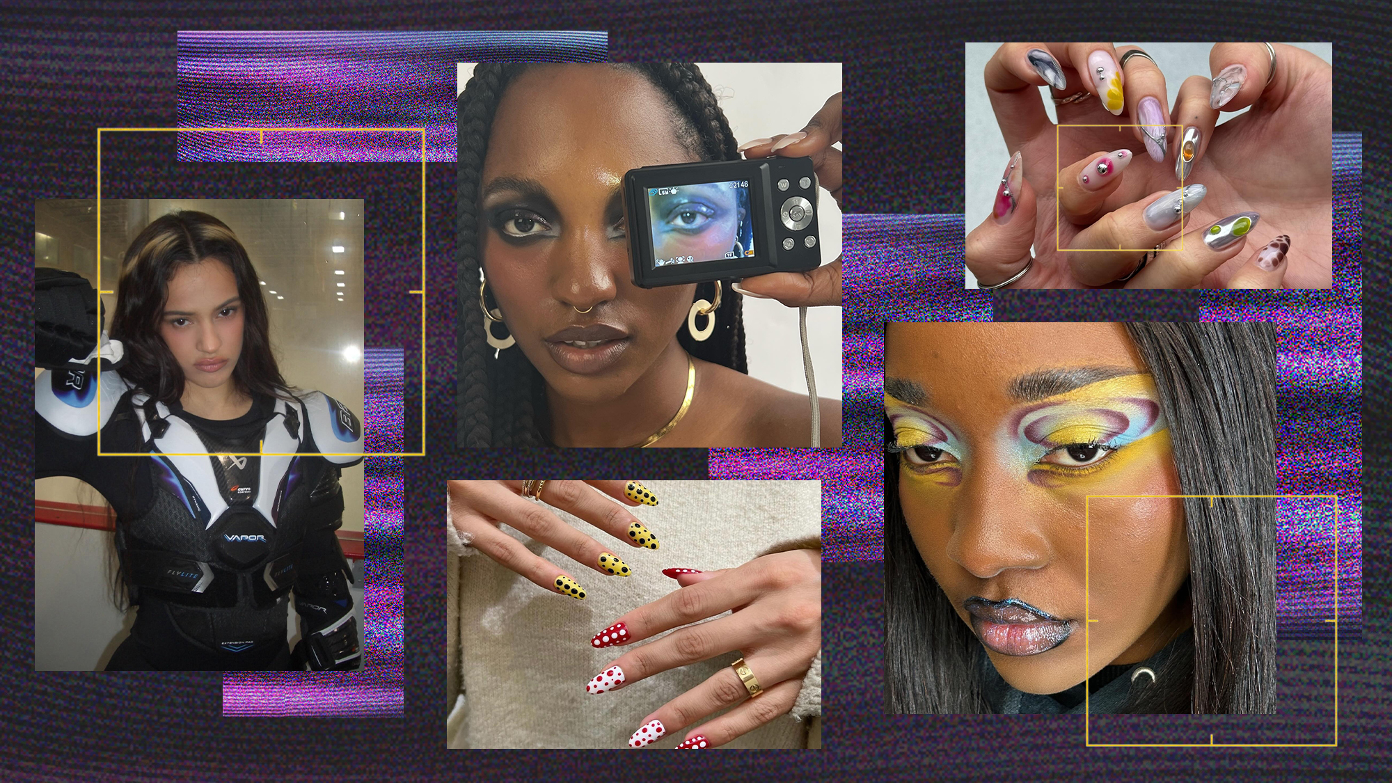 A collage of Rosal&iacute;a's halo hair, mismatched nails, and editorial eye makeup.