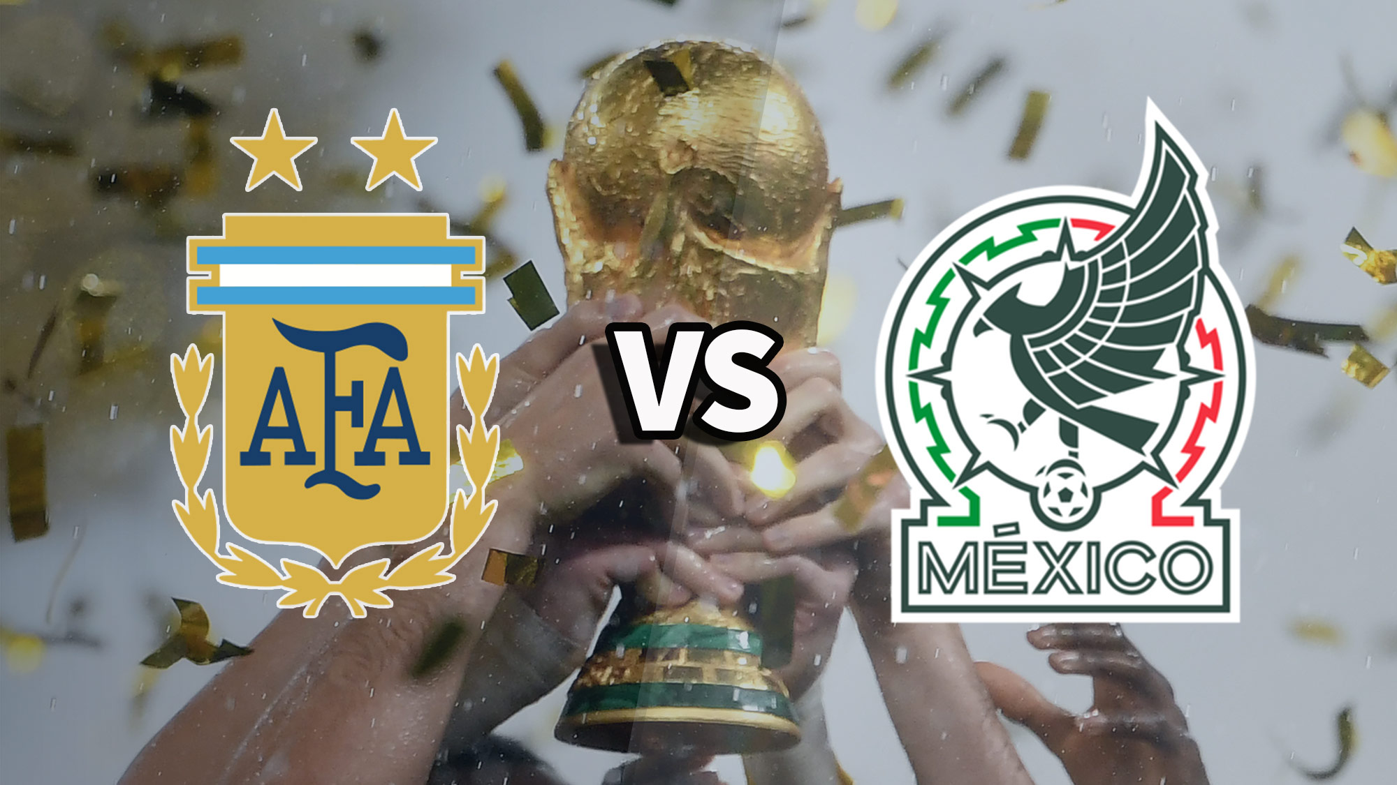 The Argentina and Mexico national football team badges on top of a photo of the World Cup trophy being lifted