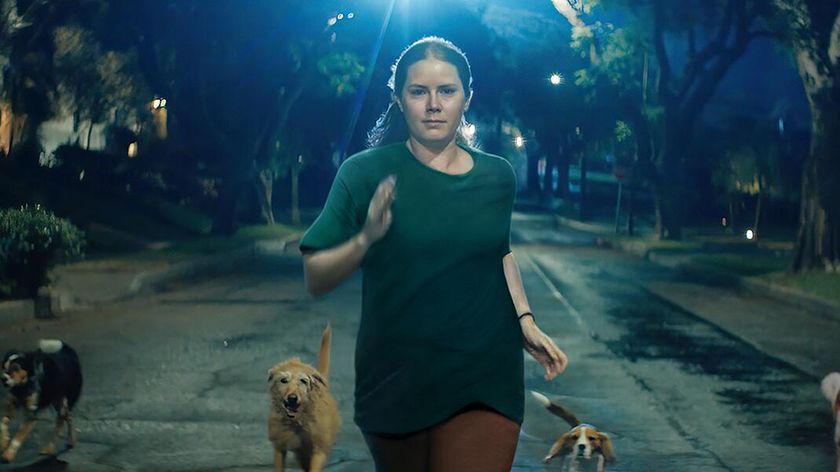 Amy Adams&#039; Mother runs down the street flanked by dogs in Nightbitch