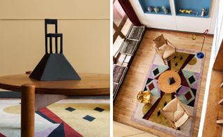 left image is black model chair on a wooden table, right image is a view of a table and chairs from above