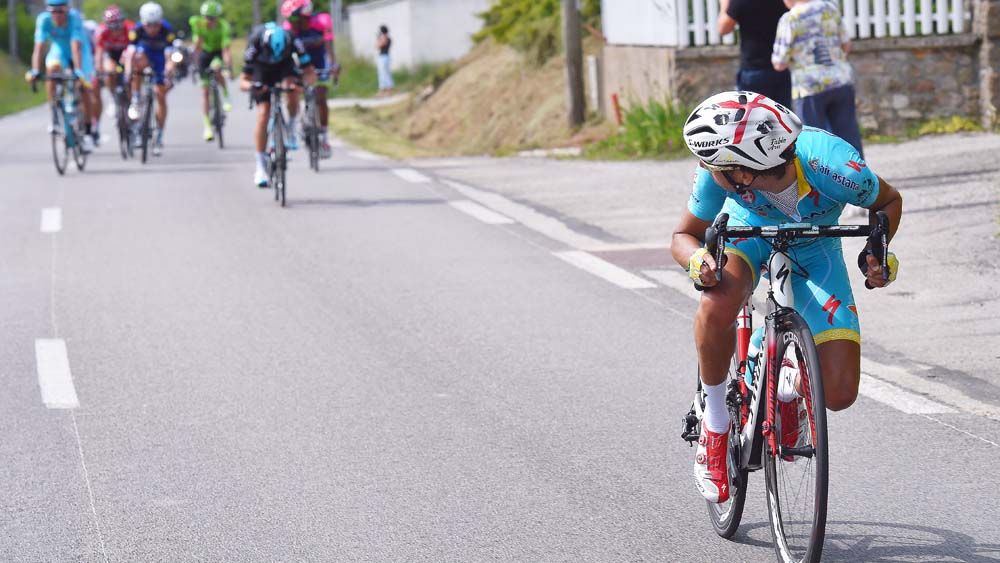 Fabio Aru holds off the bunch following a daring attack in the Criterium du Dauphine in June