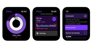 Skjermbilder fra appen Pillow Automatic Sleep Tracker på Apple Watch.