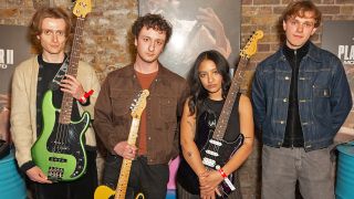 LONDON, ENGLAND - APRIL 24: Nicholas Eden, Lewis Whiting, Lily Fontaine and Douglas Frost of British band, English Teacher attend The Fender Mod Shop Photocall at The Bike Shed on April 24, 2025 in London, England. (Photo by Joseph Okpako/Getty Images)