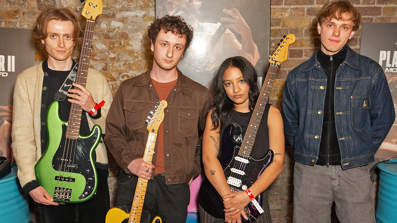 LONDON, ENGLAND - APRIL 24: Nicholas Eden, Lewis Whiting, Lily Fontaine and Douglas Frost of British band, English Teacher attend The Fender Mod Shop Photocall at The Bike Shed on April 24, 2025 in London, England. (Photo by Joseph Okpako/Getty Images)