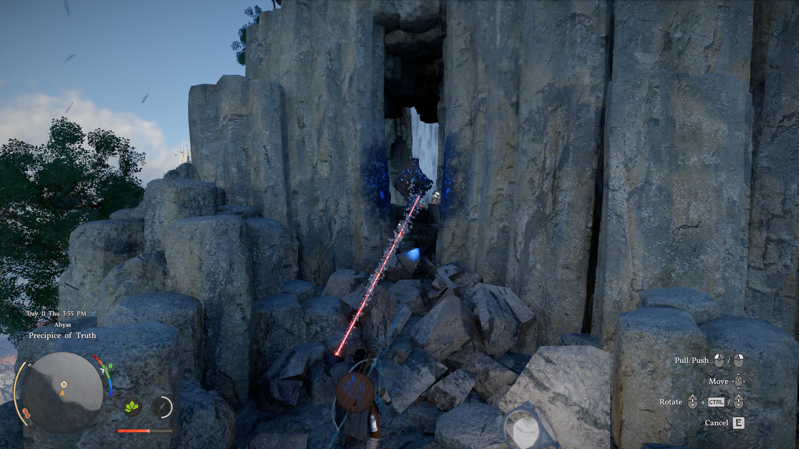 Crimson Desert Precipice of Truth: Kliff using Axiom Force to move a rock to the correct position through a tunnel.