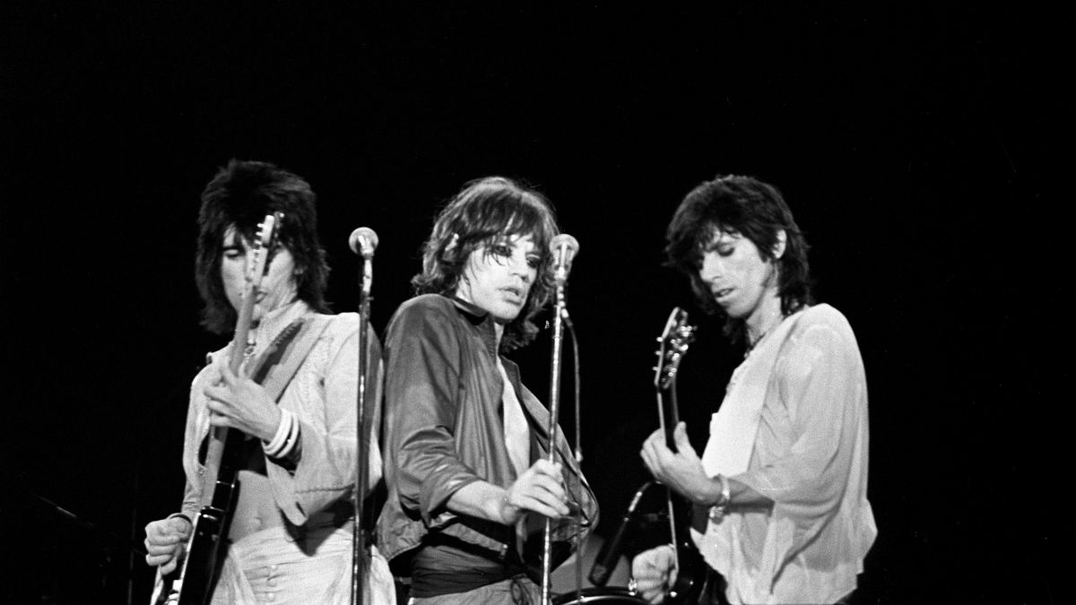 Ronnie Wood, Mick Jagger and Keith Richards on stage at Madison Square Garden during the band's &amp;quot;Tour of America '75&amp;quot; on July 23, 1975