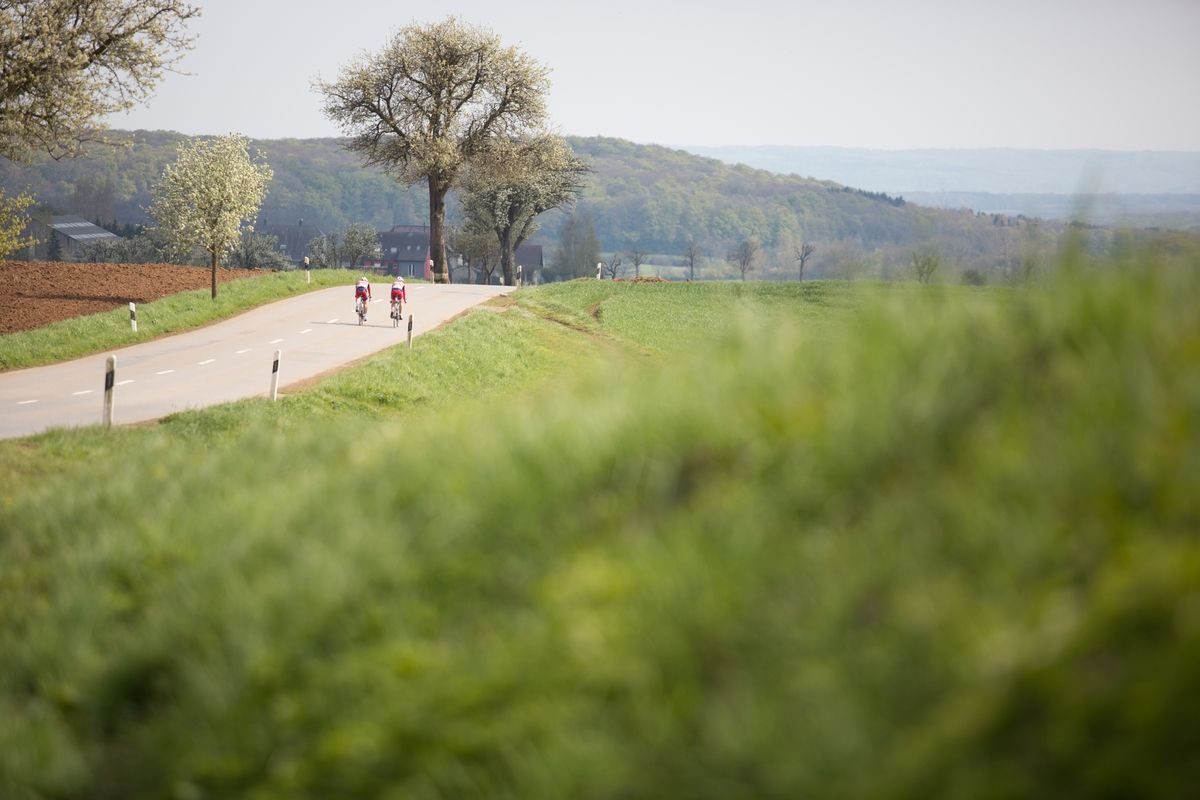 The rear of the peloton during the second, 110.1km road race stage of Elsy Jacobs