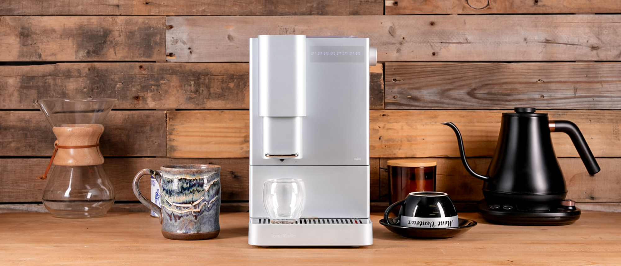 Terra Kaffe Demi espresso maker on a kitchen surface