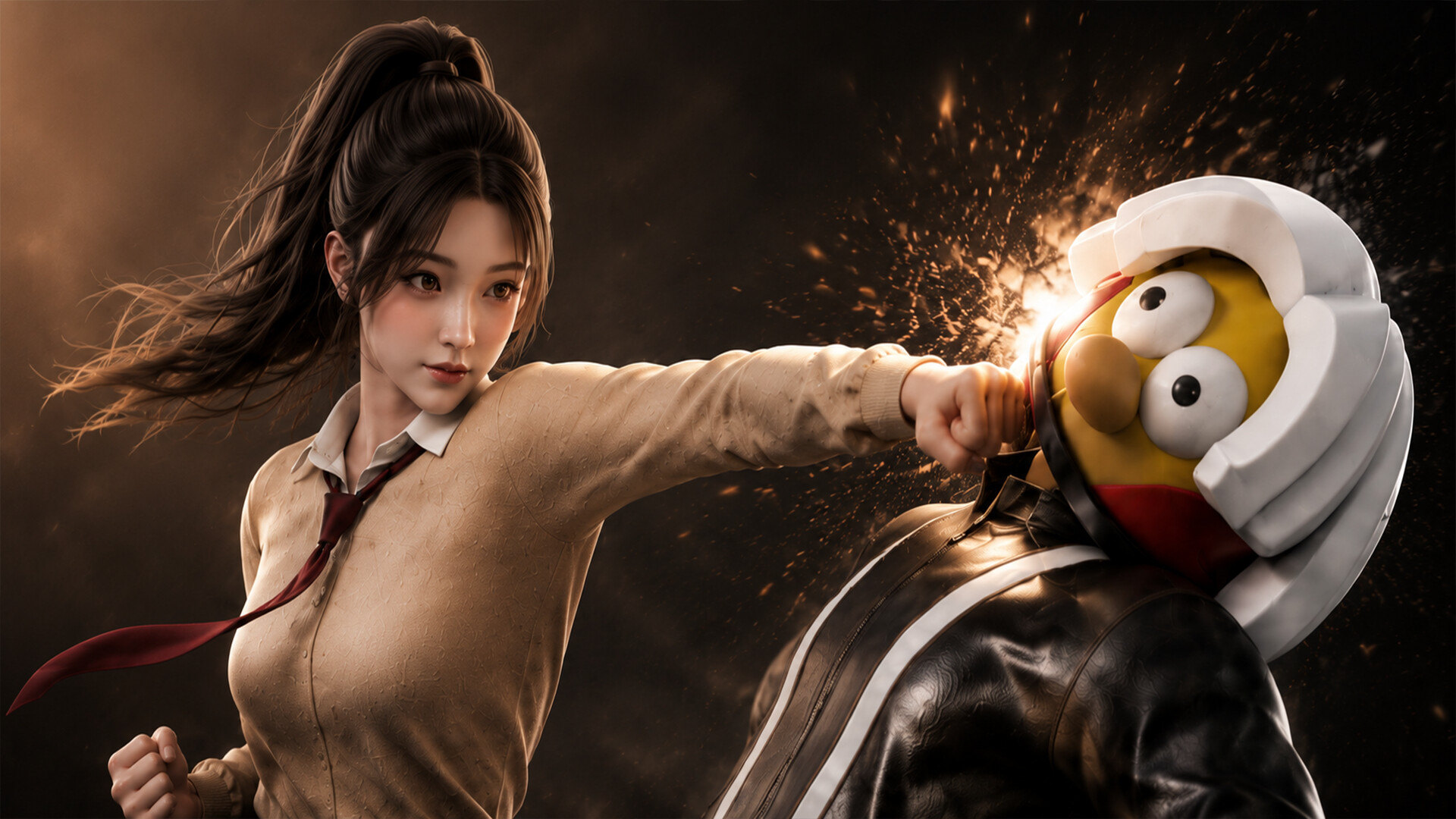 A woman punches a masked figure in the face